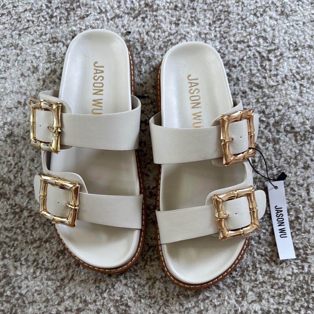Jason Wu Cream Sandals with Gold Buckles